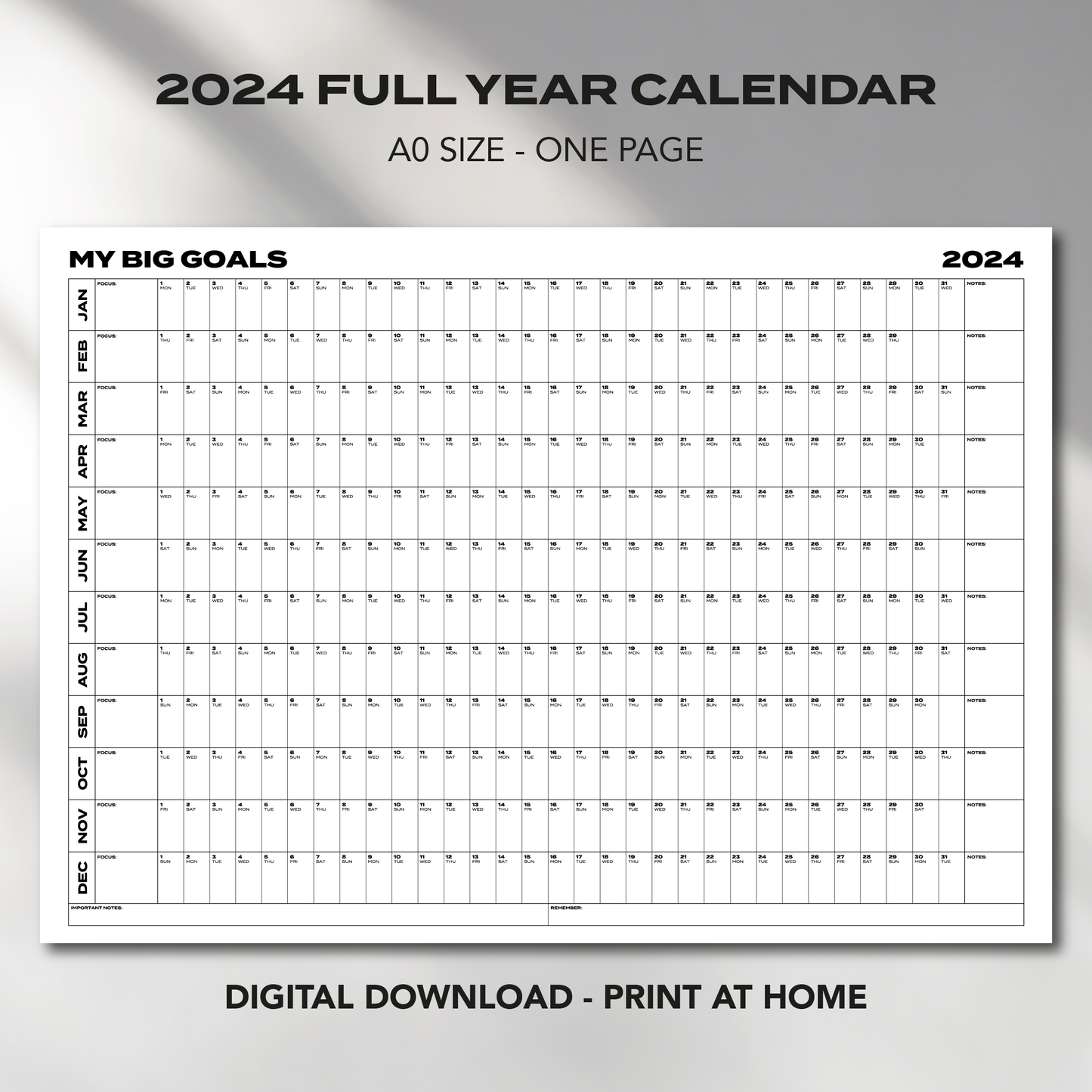 A0 Size "MY BIG GOALS" Giant 2024 Calendar