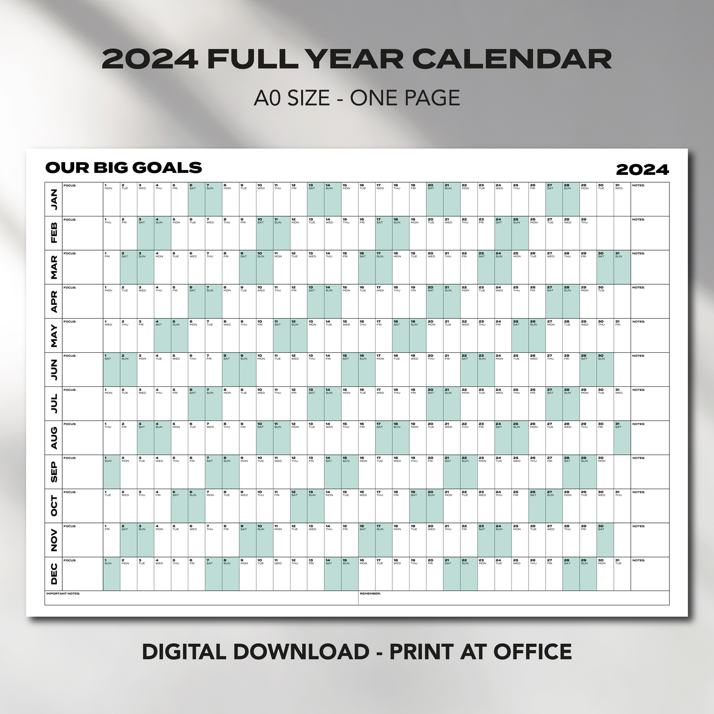 A0 Size "OUR BIG GOALS" Giant 2024 Calendar