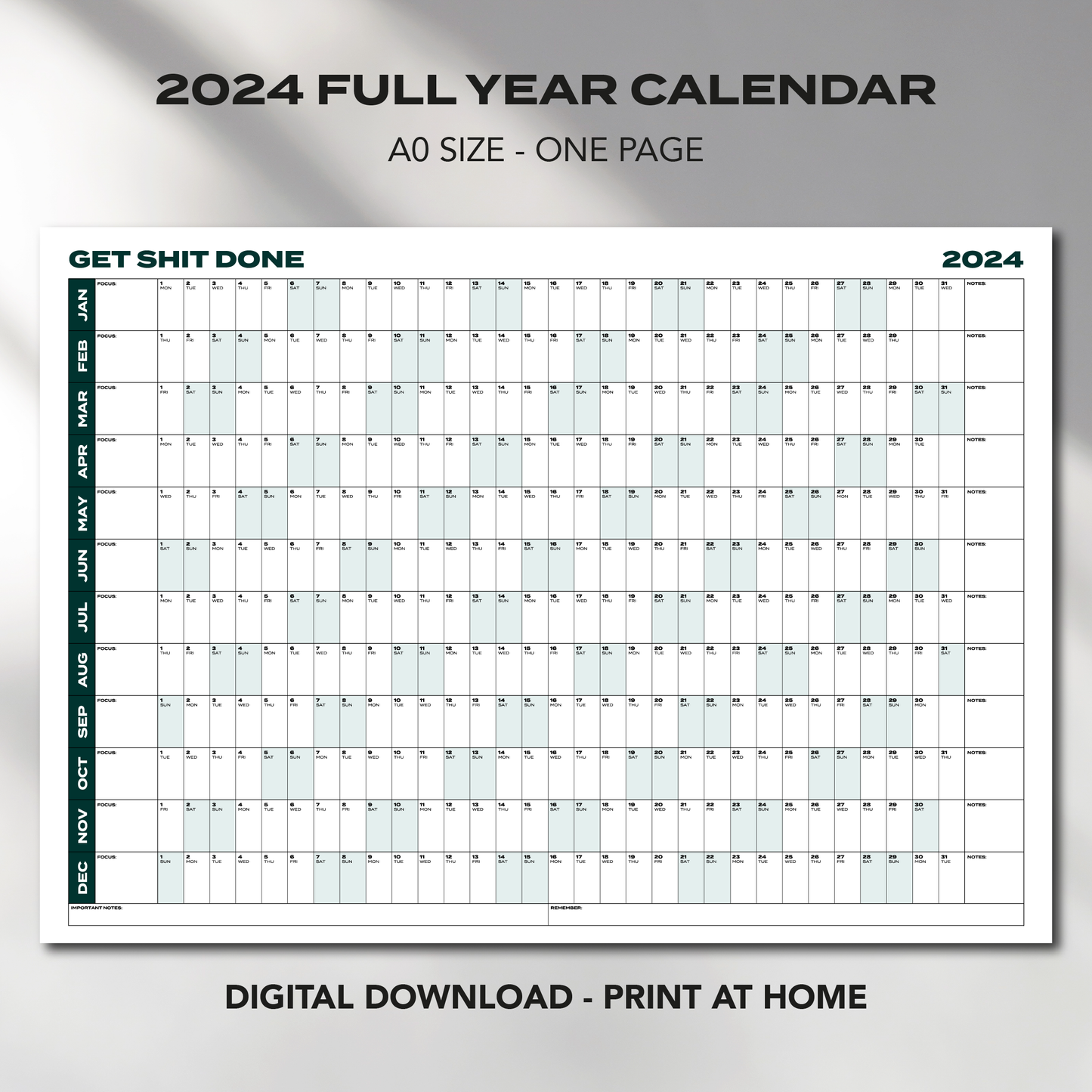 A0 Size "GET SH*T DONE" Giant 2024 Calendar