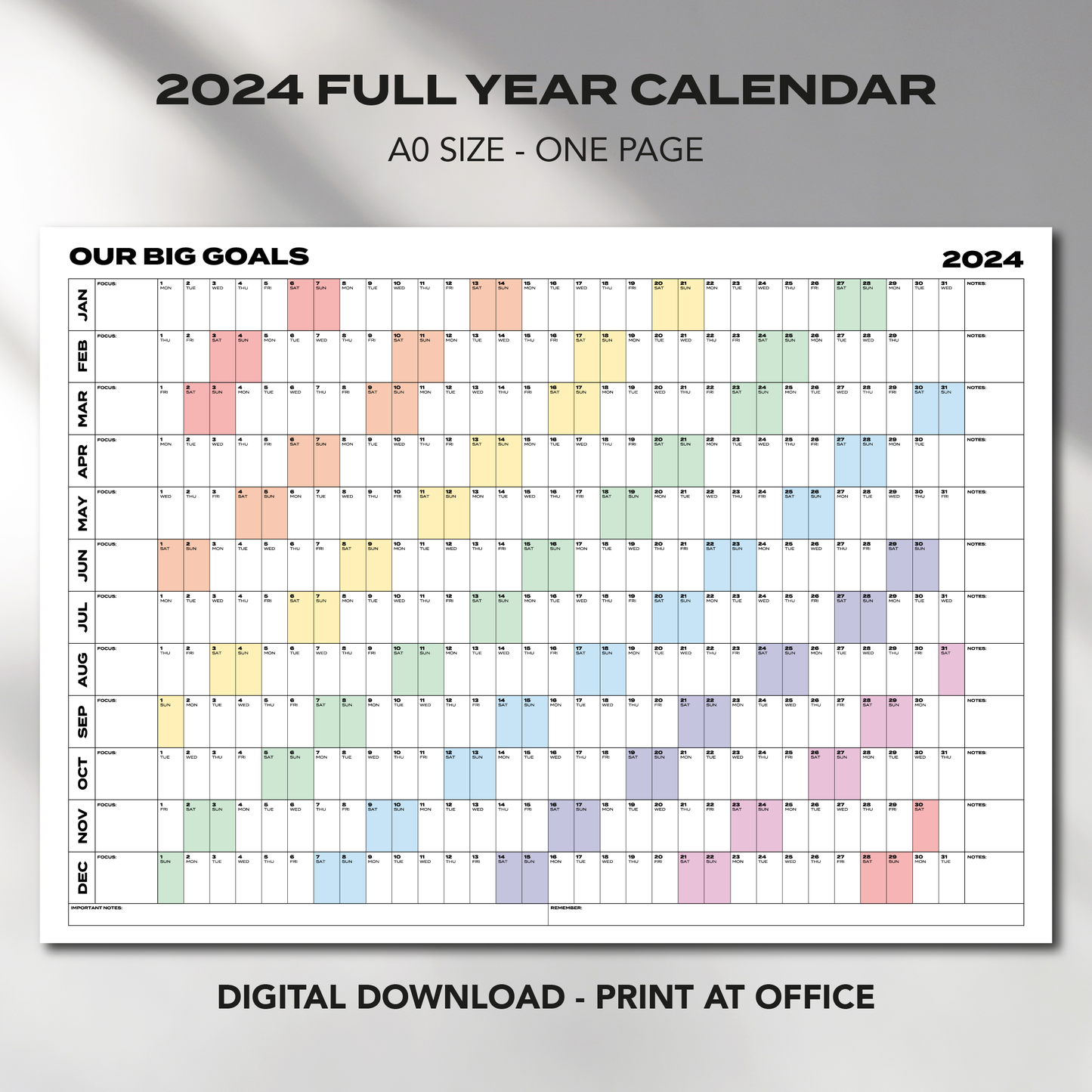 A0 Size "OUR BIG GOALS" Giant 2024 Calendar