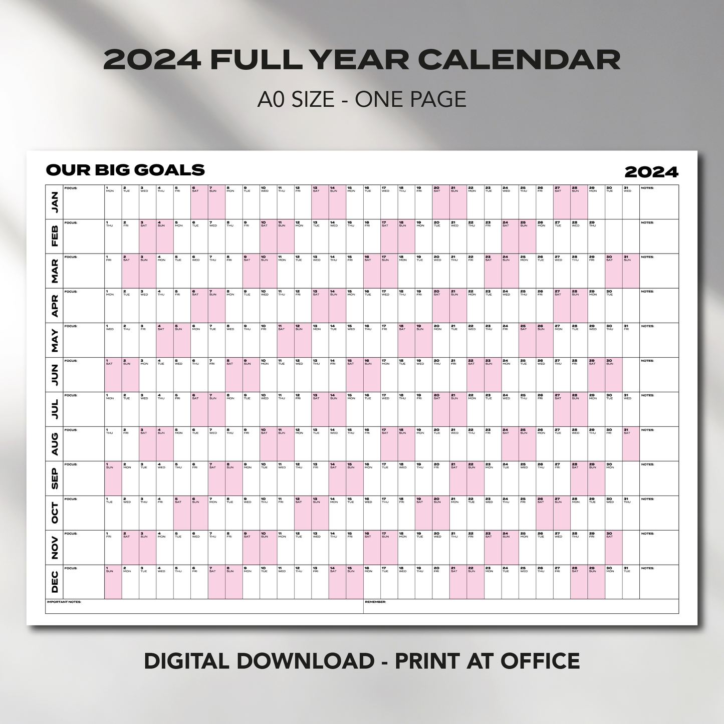 A0 Size "OUR BIG GOALS" Giant 2024 Calendar