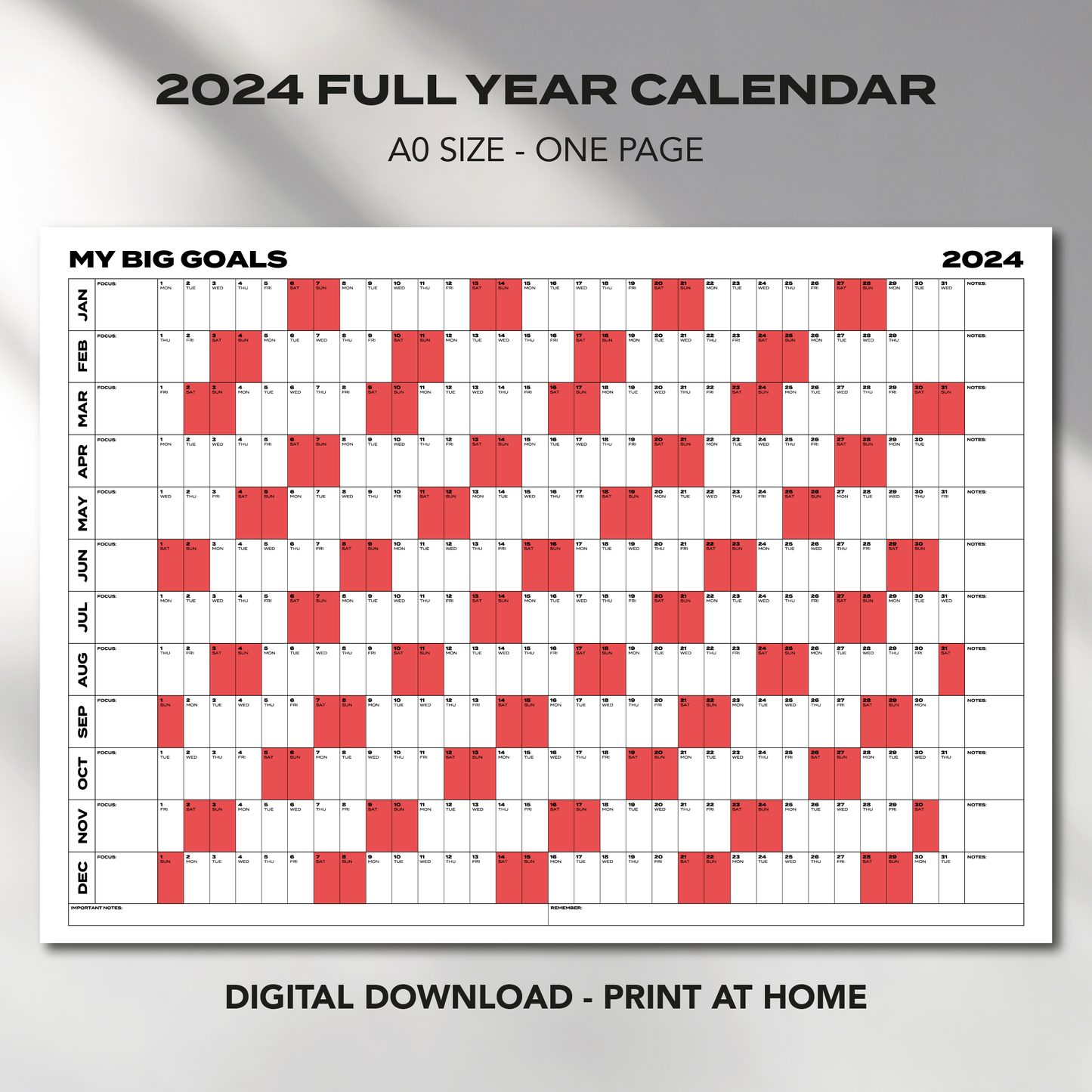 A0 Size "MY BIG GOALS" Giant 2024 Calendar