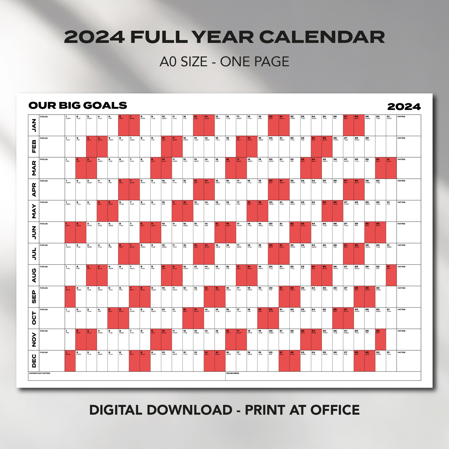 A0 Size "OUR BIG GOALS" Giant 2024 Calendar