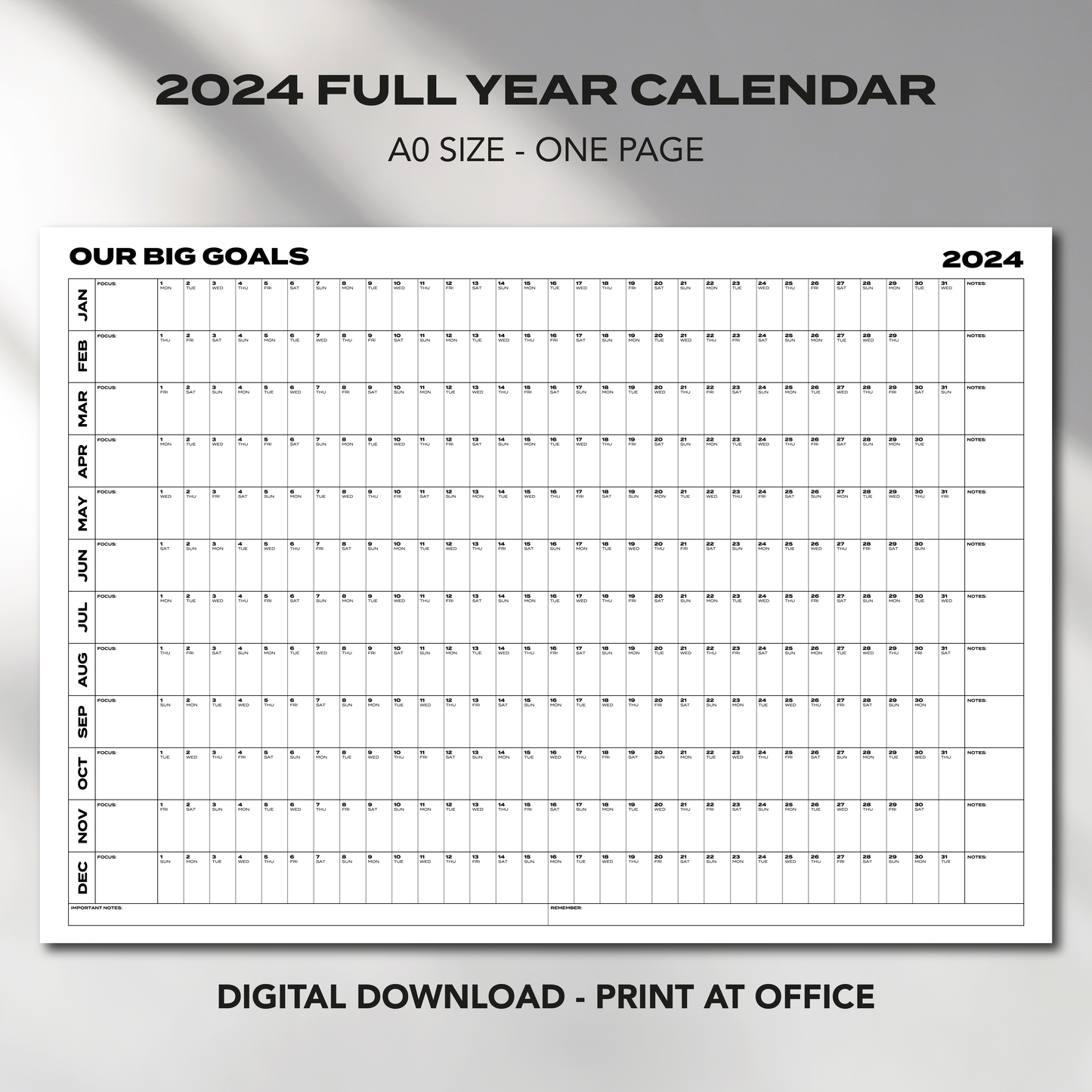 A0 Size "OUR BIG GOALS" Giant 2024 Calendar