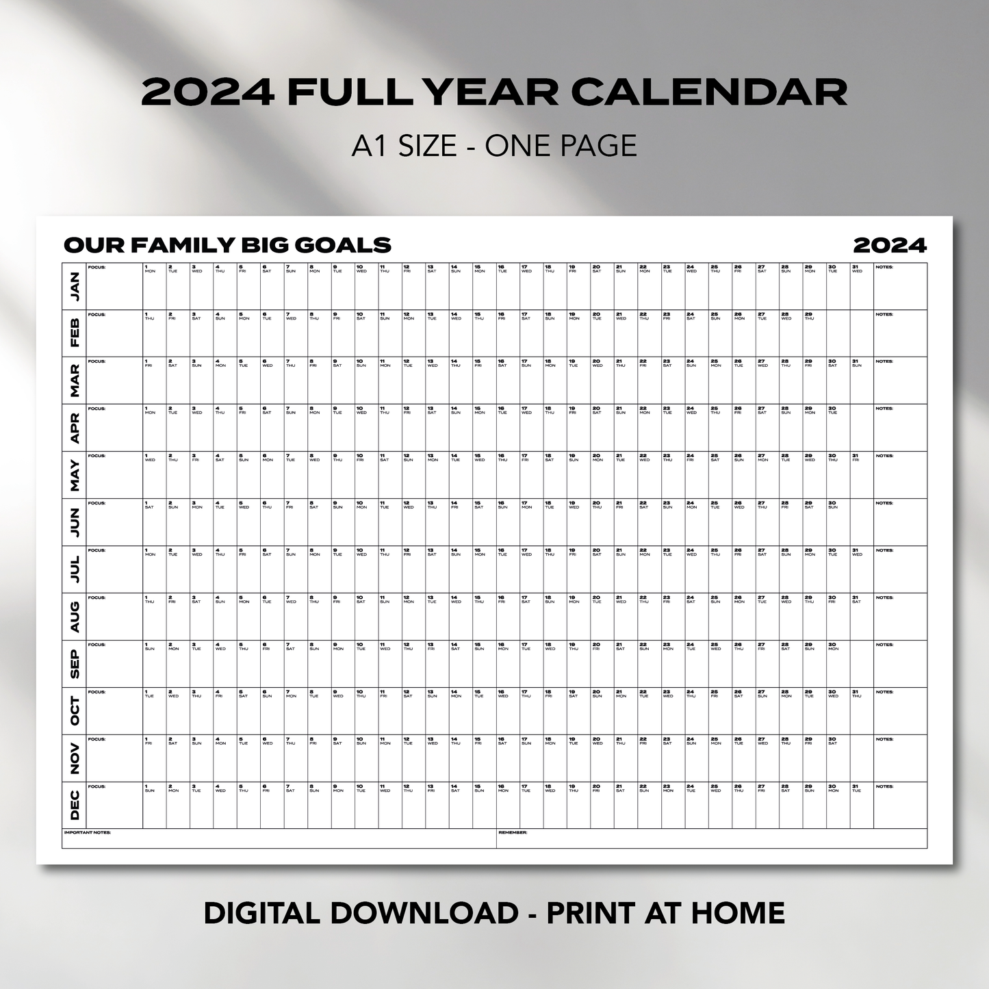 A1 Size "OUR FAMILY BIG GOALS" 2024 Calendar