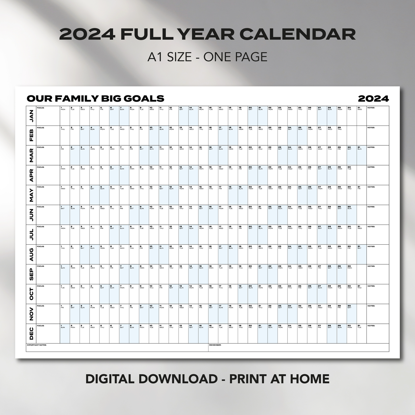 A1 Size "OUR FAMILY BIG GOALS" 2024 Calendar