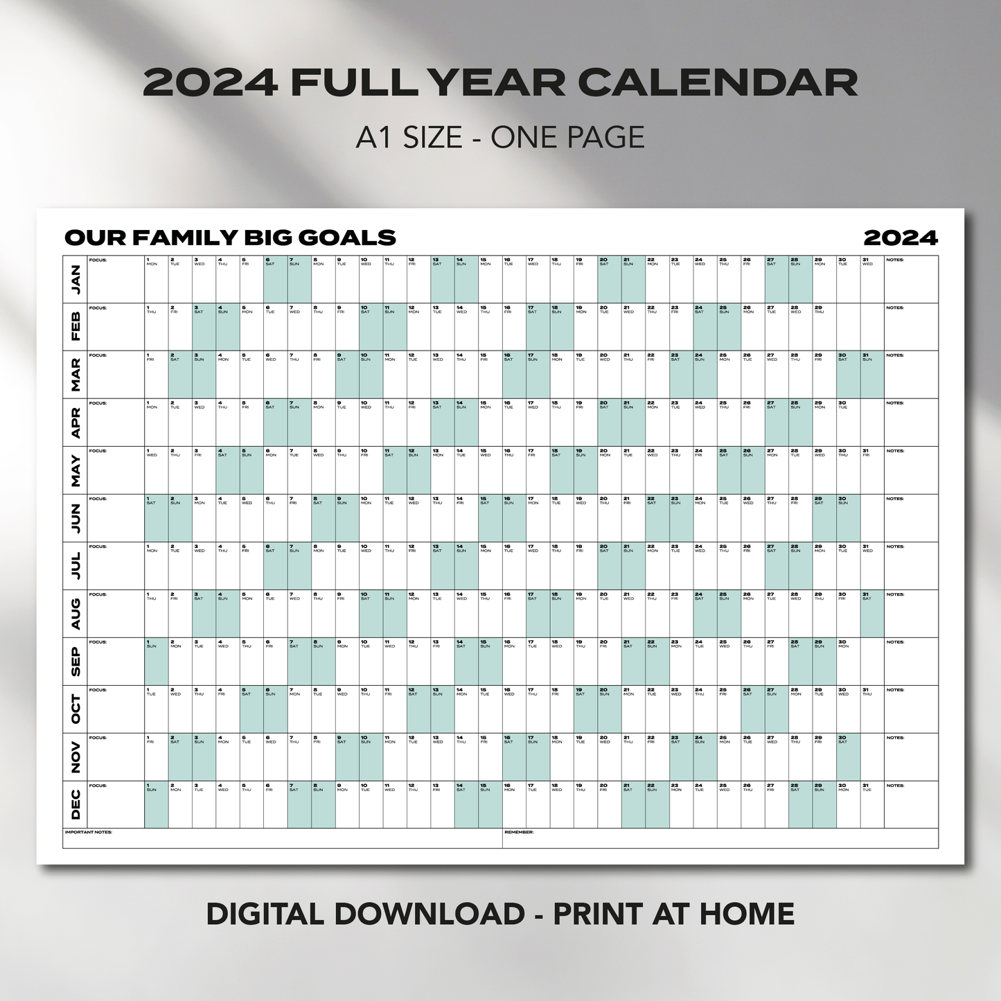 A1 Size "OUR FAMILY BIG GOALS" 2024 Calendar