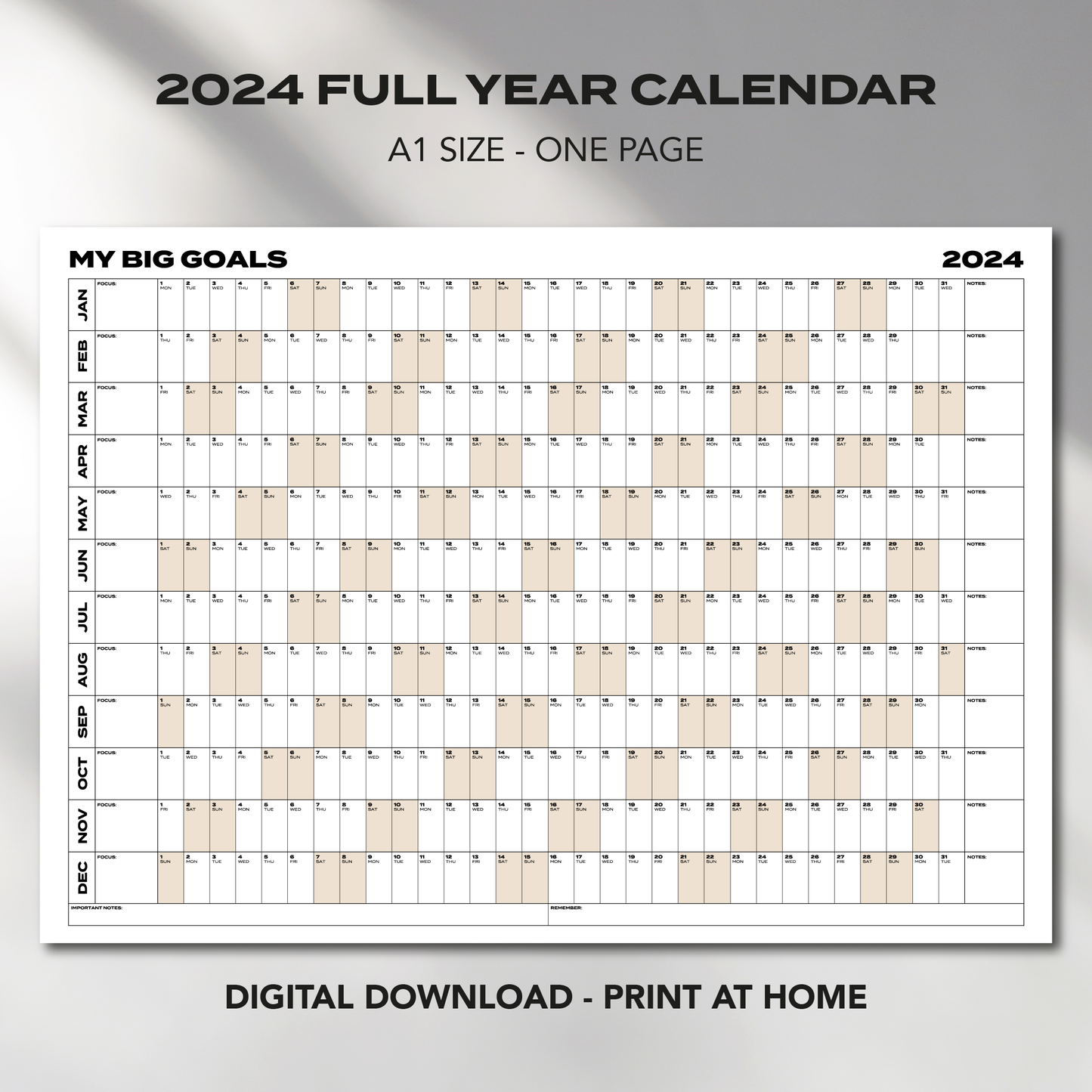 A1 Size "MY BIG GOALS" 2024 Calendar