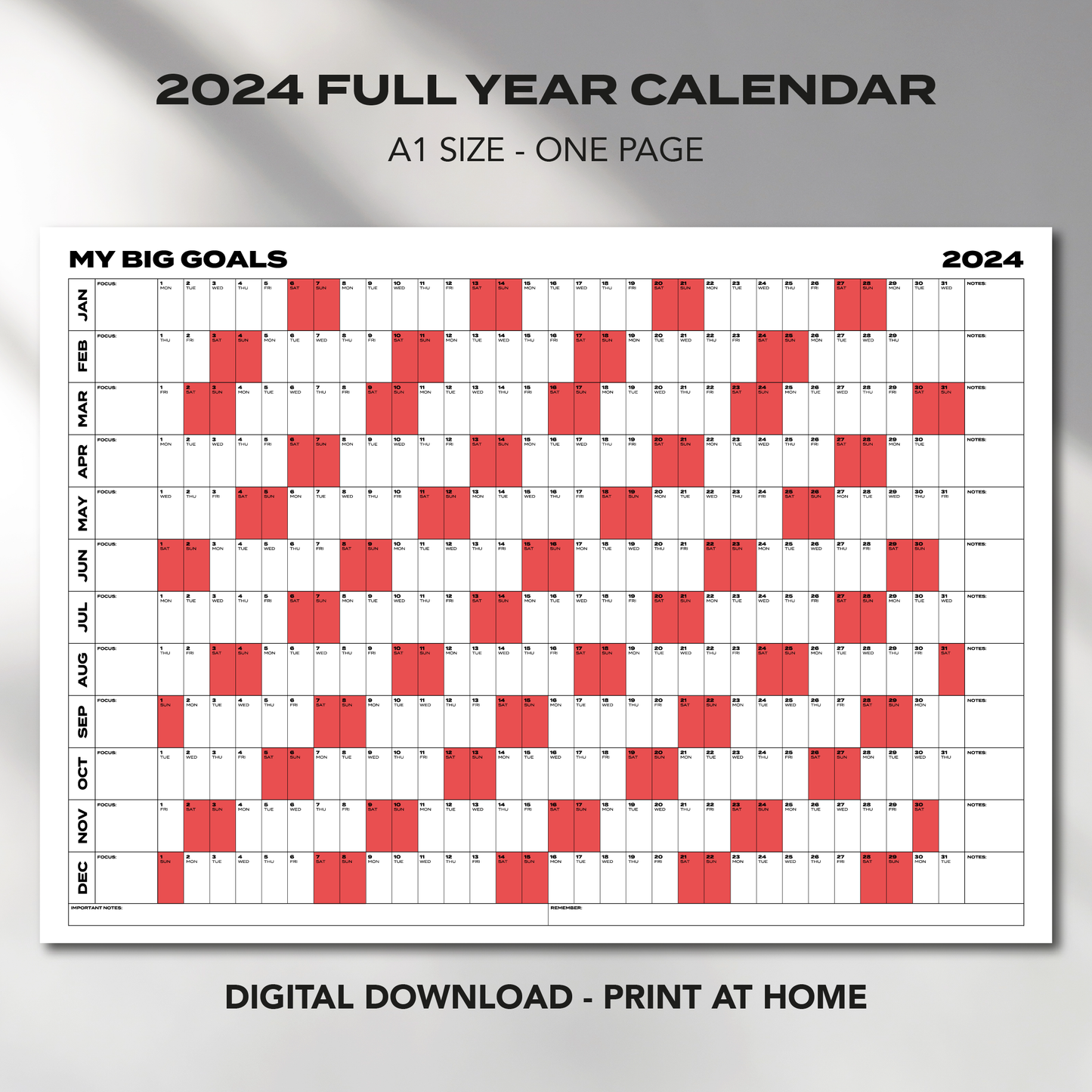 A1 Size "MY BIG GOALS" 2024 Calendar