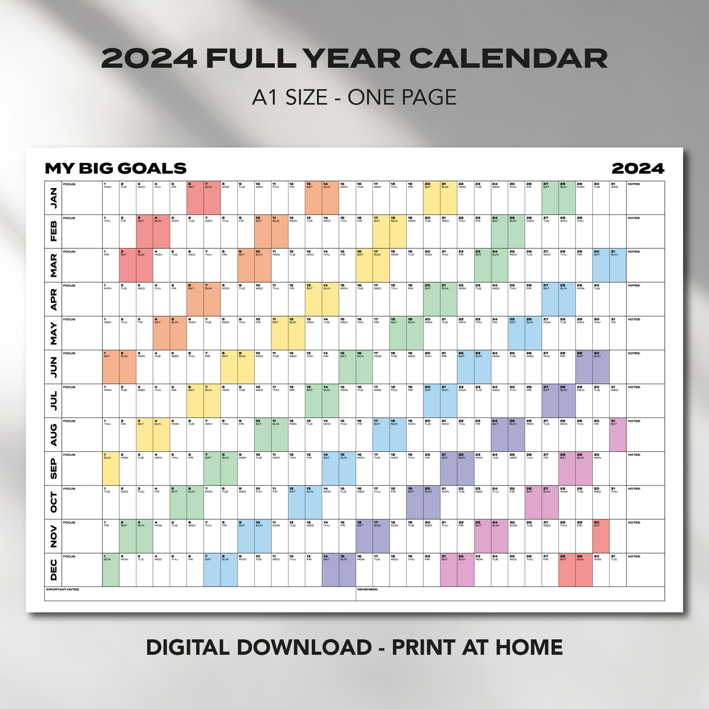 A1 Size "MY BIG GOALS" 2024 Calendar