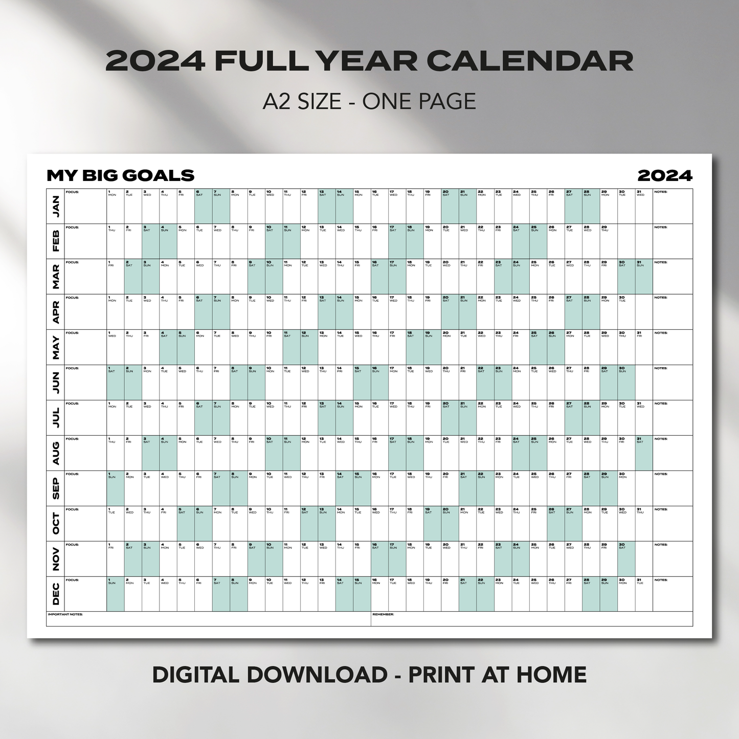 A2 Size "MY BIG GOALS" 2024 Calendar